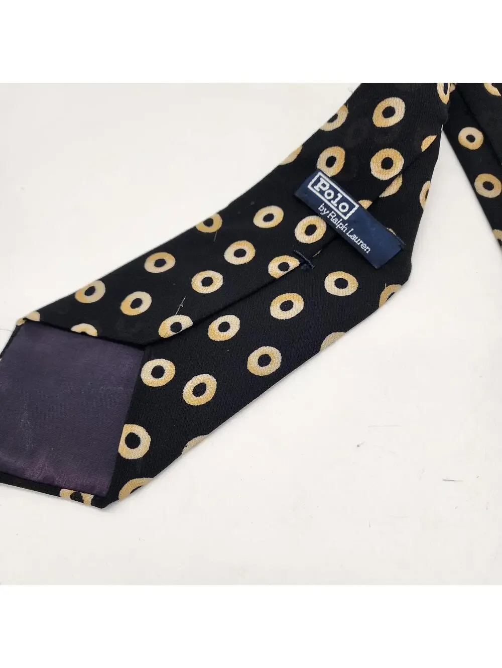 Vtg Polo Ralph Lauren Silk Tie Black Gold Circle Ring Geometric Made By Hand USA